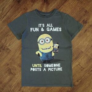 Size 8 Minions 'It's all Fun & Games' Grey Tee EUC