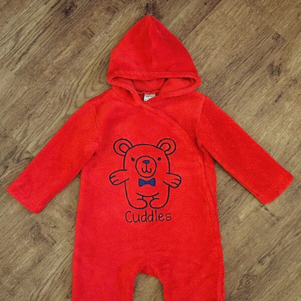 Size 1 Mango 'Cuddles' Red Coral Fleece Hooded Sleepsuit EUC