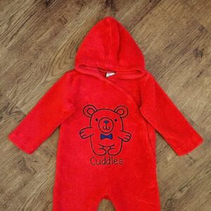 Size 1 Mango 'Cuddles' Red Coral Fleece Hooded Sleepsuit EUC