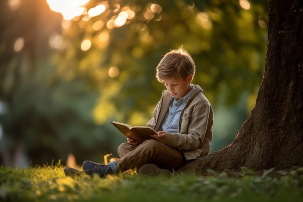 Book Week - Young boy reading a book under a tree.