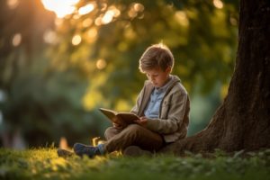 Book Week - Young boy reading a book under a tree.