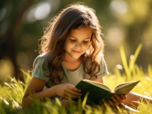 Book Week - Little girl reading a book in the park. 