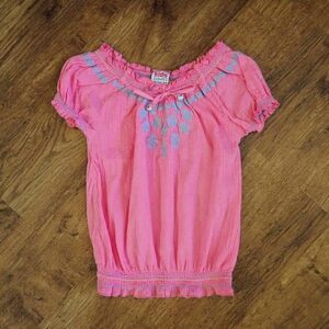 Size 3 Kids Stuff Aqua & Pink Embroidered Peasant Top EUC