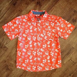 Size 5 Fun Spirit Orange & White Pirate-Themed Hawaiian Shirt EUC